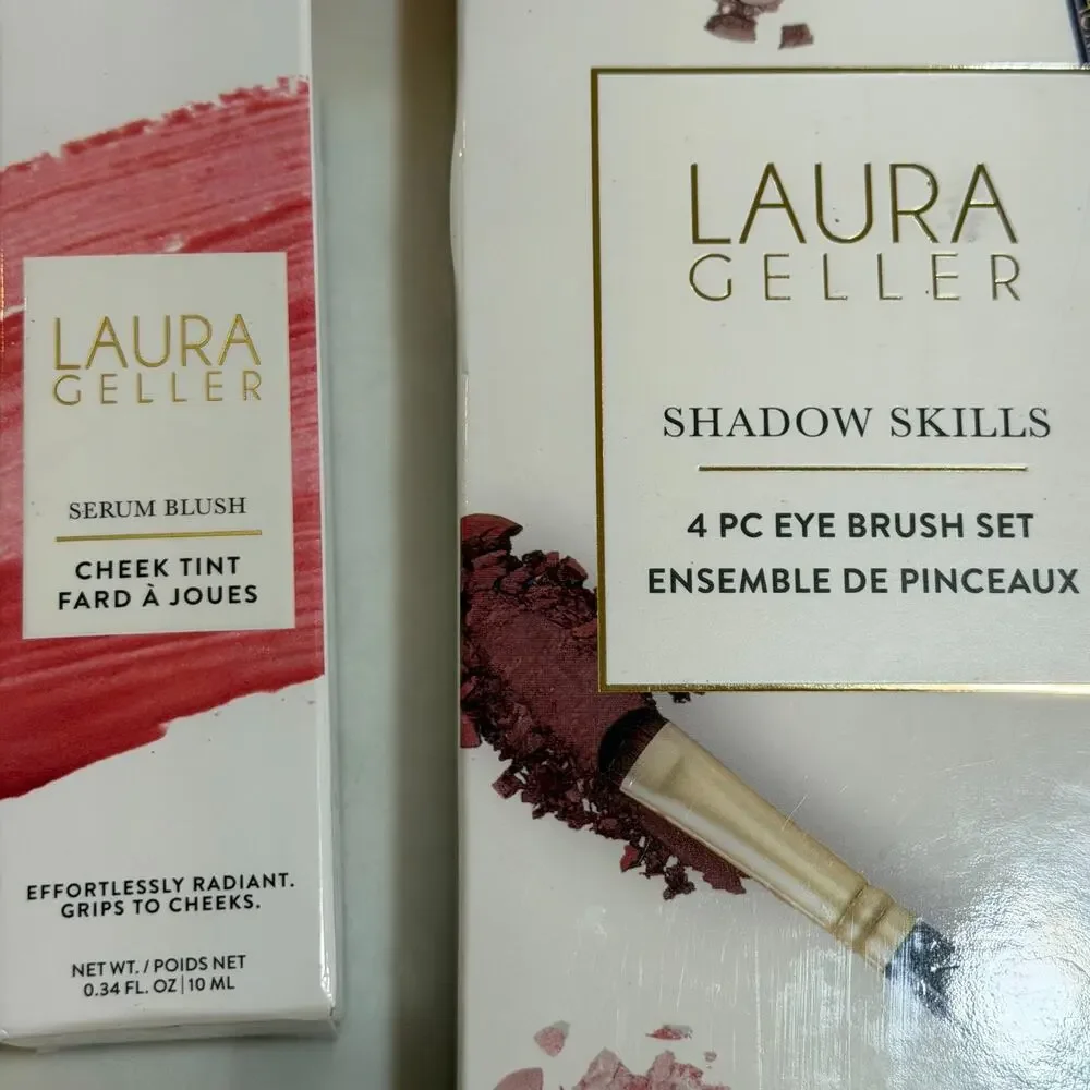 Laura Geller Makeup Bundle Shadow Skills 4pc Eye Brush Set + Serum Blush New Box